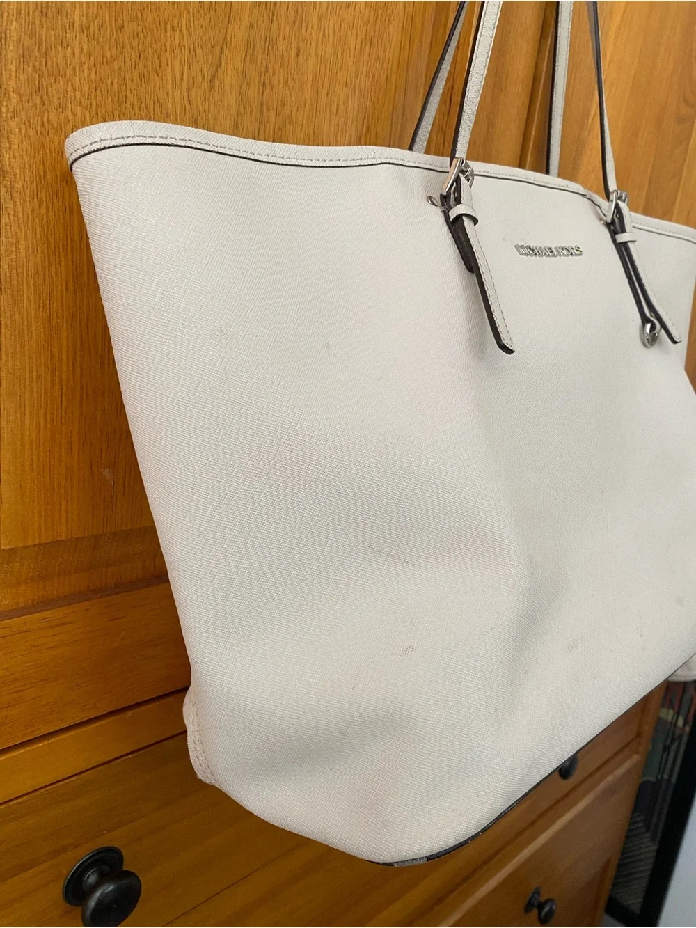 Michael Kors White Leather Shoulder Tote with Slim Straps